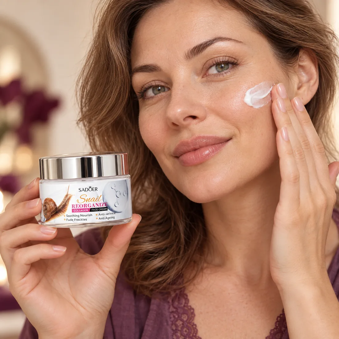 Femeie care aplică crema pe față